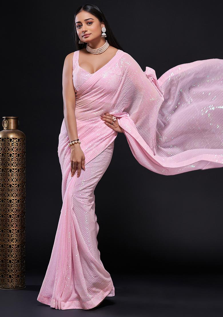 Distinctly Pink Sequin Work Georgette Saree Set - Indya