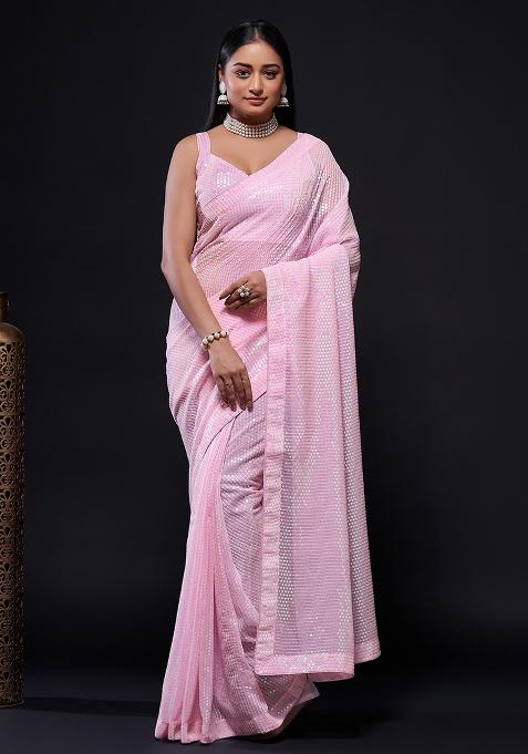 Distinctly Pink Sequin Work Georgette Saree Set