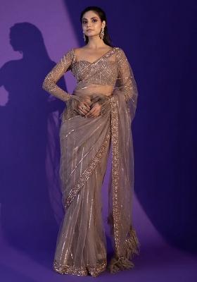 Light Brown Beige Sequin Work Net Saree Set