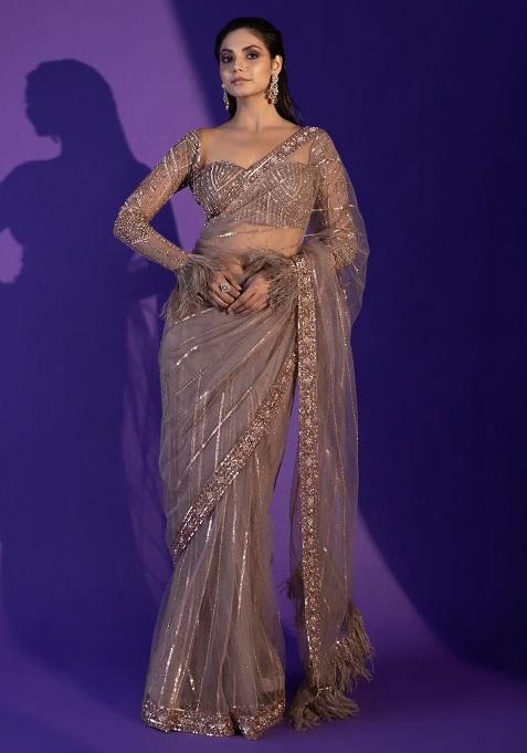 Light Brown Beige Sequin Work Net Saree Set