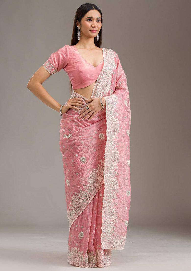 Peach Sequin Work Crushy Saree Set - Indya