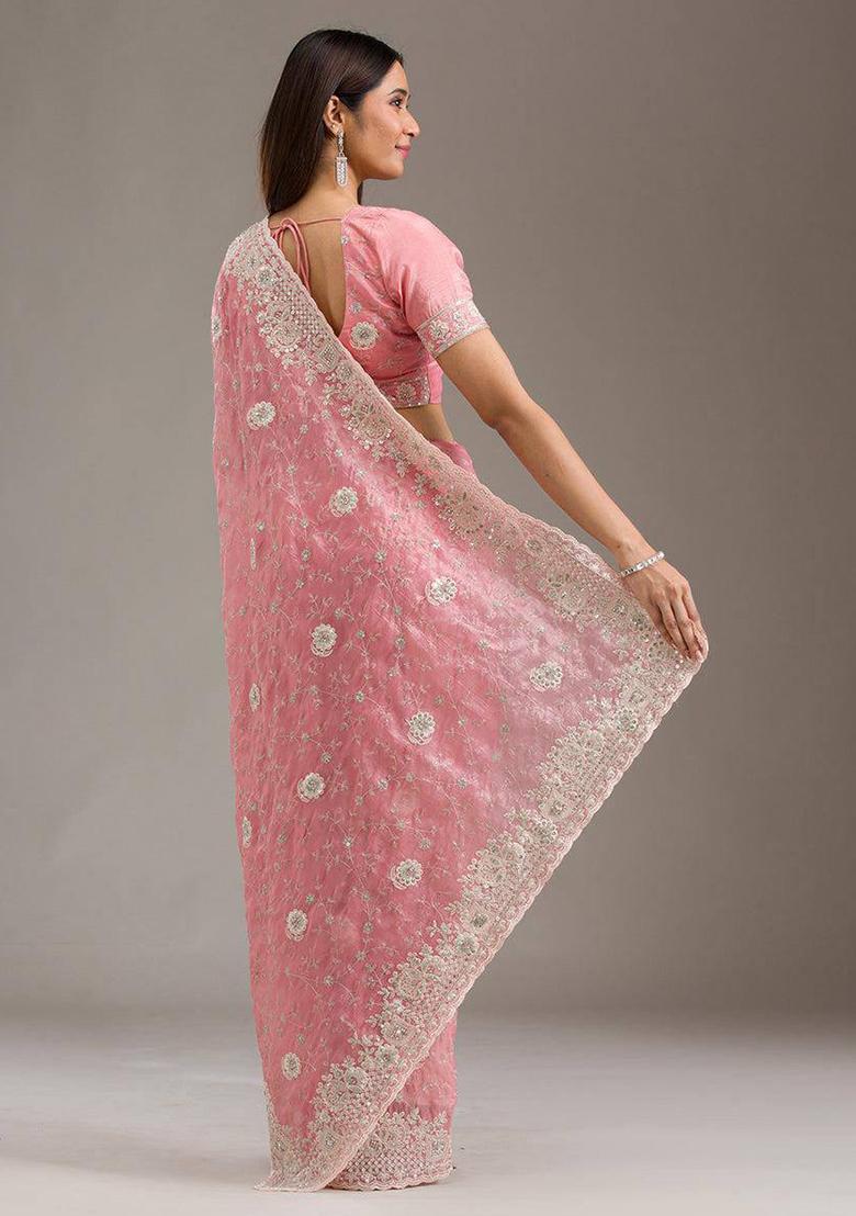 Peach Sequin Work Crushy Saree Set - Indya