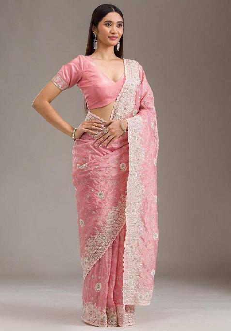 Peach Sequin Work Crushy Saree Set
