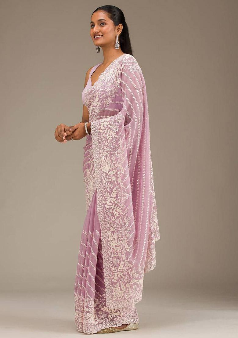 Pastel Purple Tone Sequin Work Georgette Saree Set - Indya