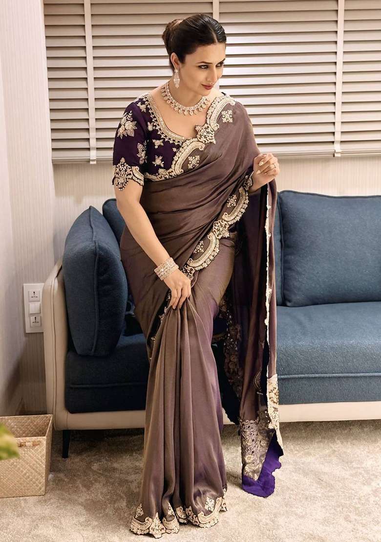 Shade Of Purple Sequin Work Satin Saree Set - Indya