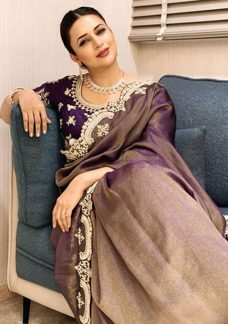 Shade Of Purple Sequin Work Satin Saree Set - Indya