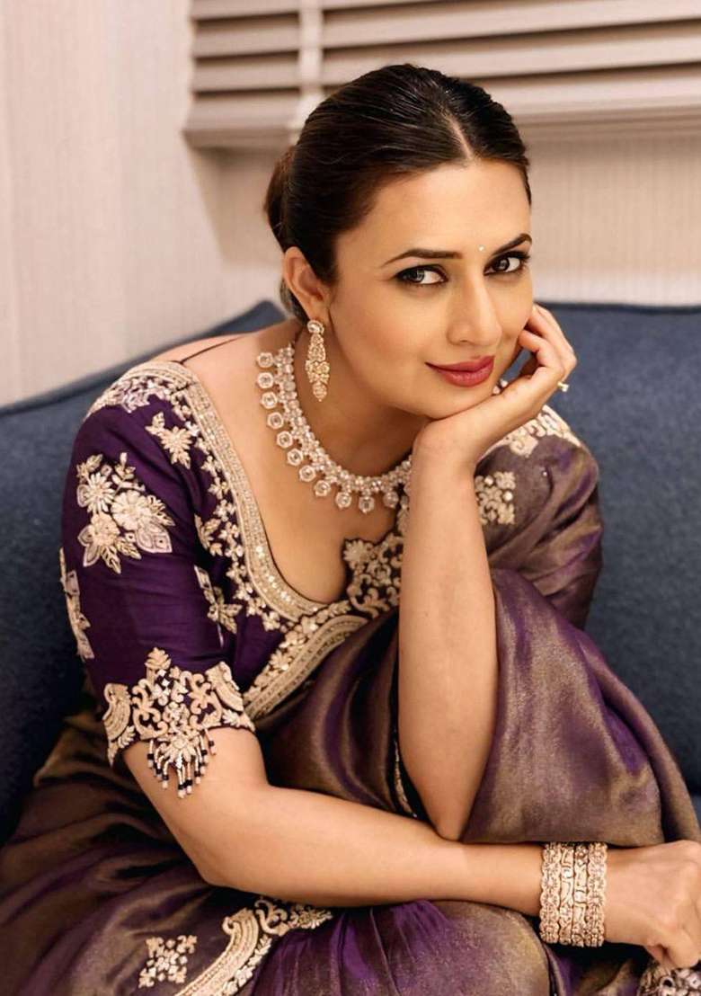 Shade Of Purple Sequin Work Satin Saree Set - Indya