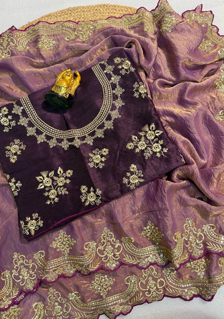 Shade Of Purple Sequin Work Satin Saree Set - Indya