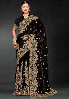 Black Zari Embroidered Sequin Art Silk Saree Set