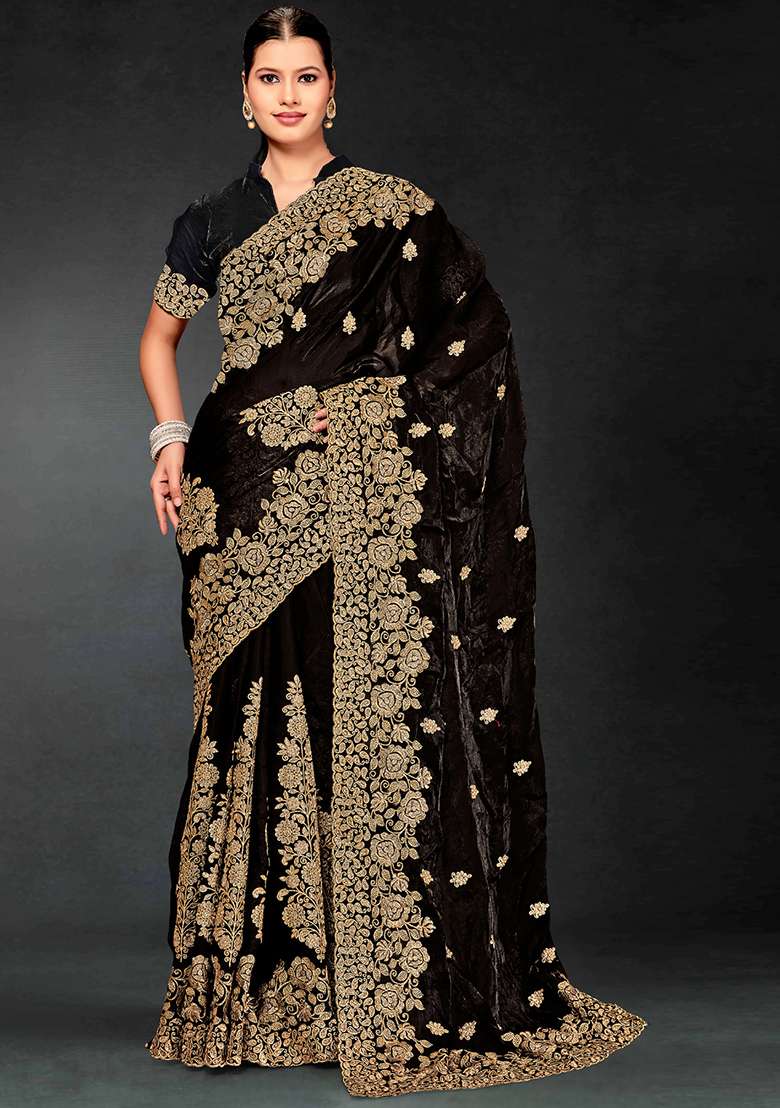 Black Zari Embroidered Sequin Art Silk Blend Saree Set for Diwali and Festive Wear - Indya