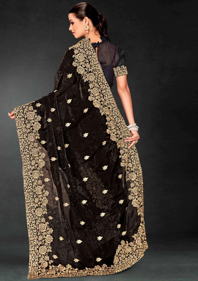 Black Zari Embroidered Sequin Art Silk Blend Saree Set for Diwali and Festive Wear - Indya