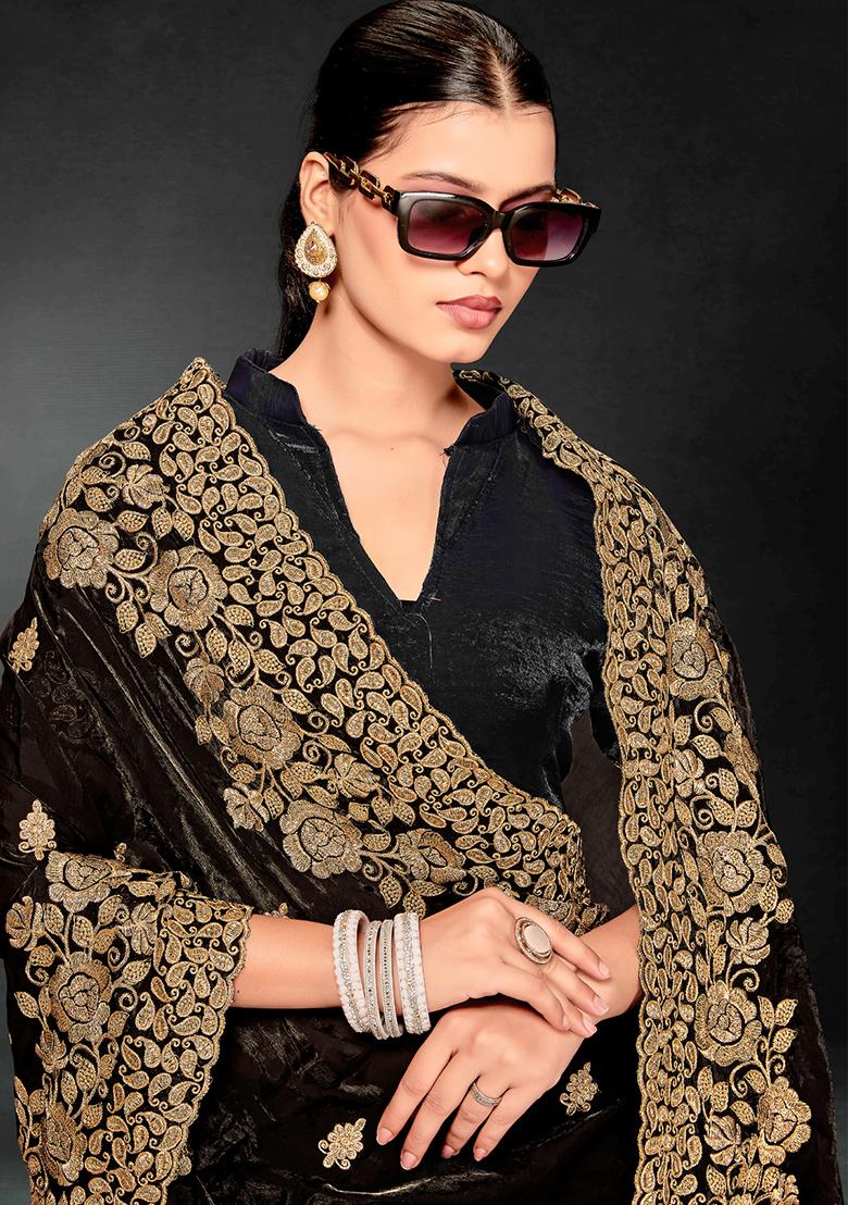 Black Zari Embroidered Sequin Art Silk Saree Set - Indya