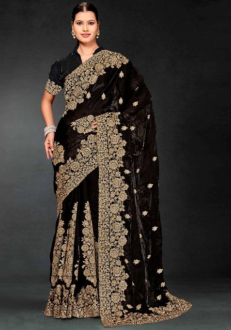 Black Zari Embroidered Sequin Art Silk Saree Set