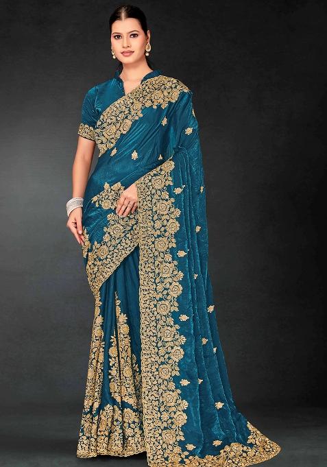 Teal Blue Zari Embroidered Sequin Art Silk Saree Set