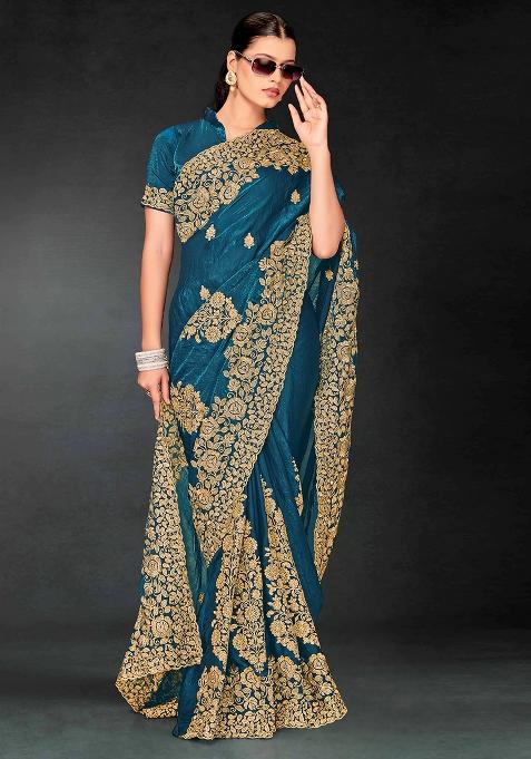 Teal Blue Zari Embroidered Sequin Art Silk Saree Set