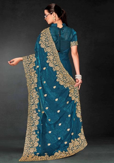 Teal Blue Zari Embroidered Sequin Art Silk Saree Set