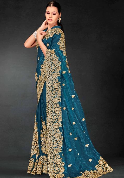 Teal Blue Zari Embroidered Sequin Art Silk Saree Set