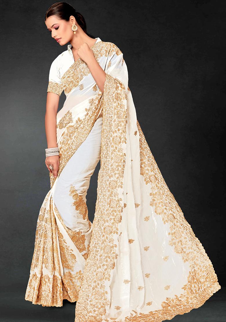 White Zari Embroidered Sequin Art Silk Saree Set