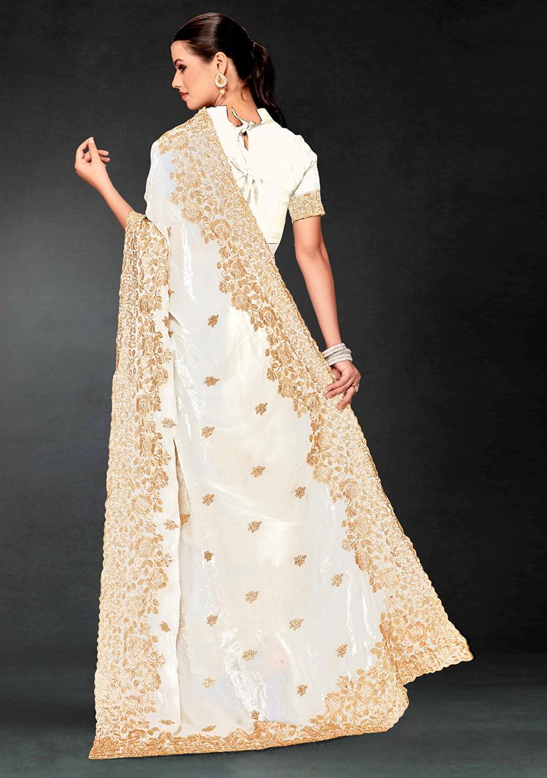 White Zari Embroidered Sequin Art Silk Saree Set