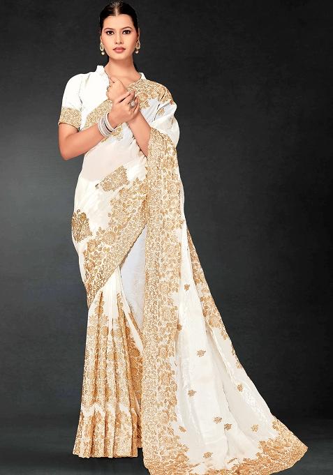White Zari Embroidered Sequin Art Silk Saree Set