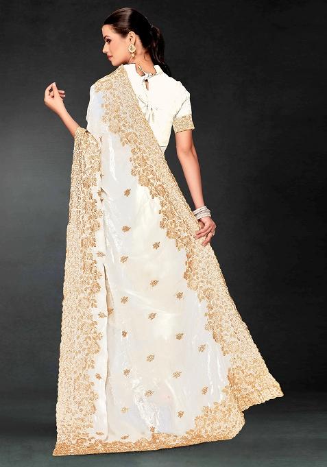 White Zari Embroidered Sequin Art Silk Saree Set