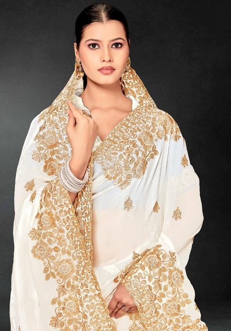 White Zari Embroidered Sequin Art Silk Saree Set