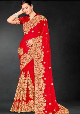 Red Zari Embroidered Sequin Art Silk Saree Set