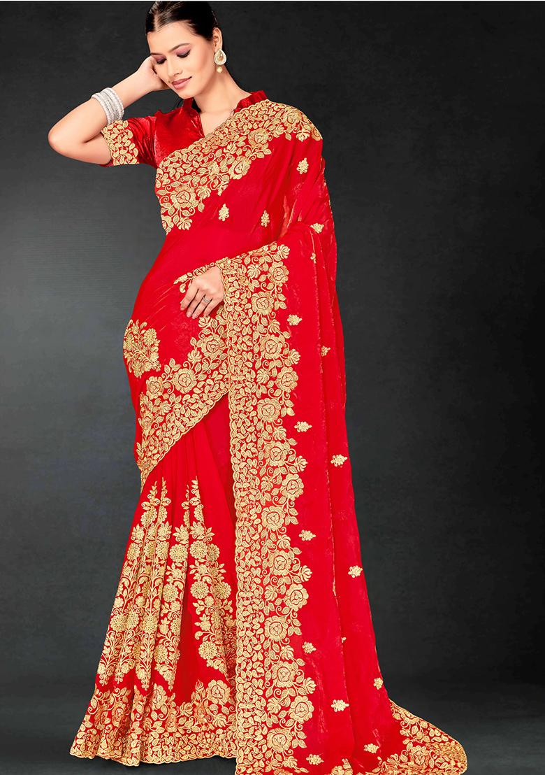 Red Zari Embroidered Sequin Art Silk Saree Set