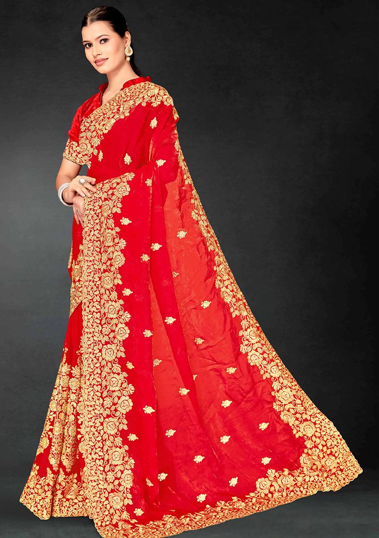 Red Zari Embroidered Sequin Art Silk Saree Set