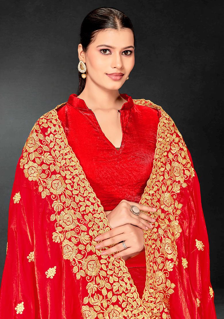 Red Zari Embroidered Sequin Art Silk Saree Set