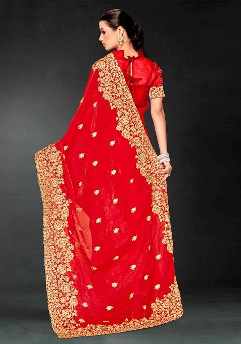 Red Zari Embroidered Sequin Art Silk Saree Set
