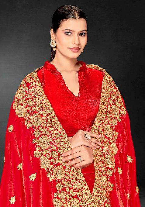 Red Zari Embroidered Sequin Art Silk Saree Set