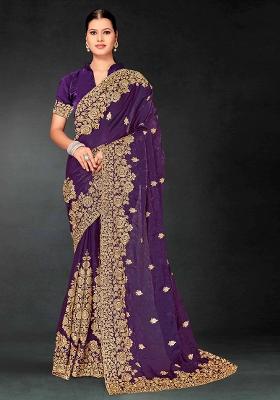 Purple Zari Embroidered Sequin Art Silk Saree Set