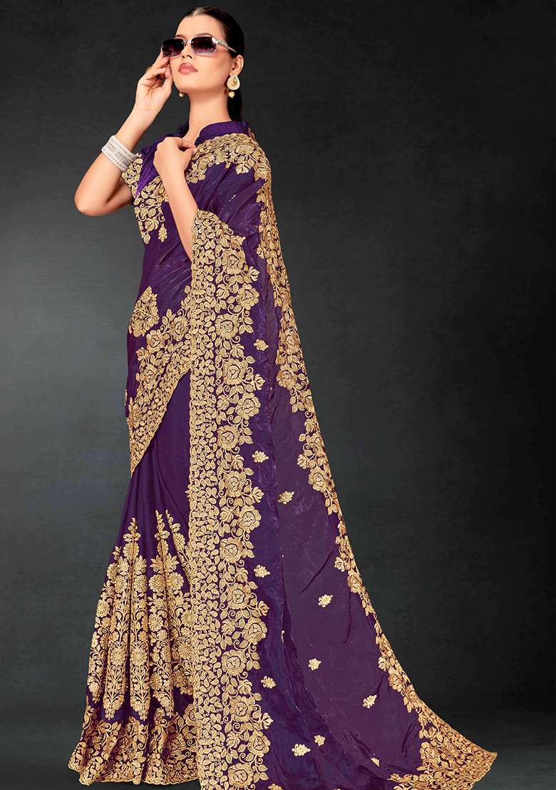 Purple Zari Blend Art Silk Saree Set with Embroidered & Sequin for Diwali | Wedding & Festive Wear - Indya