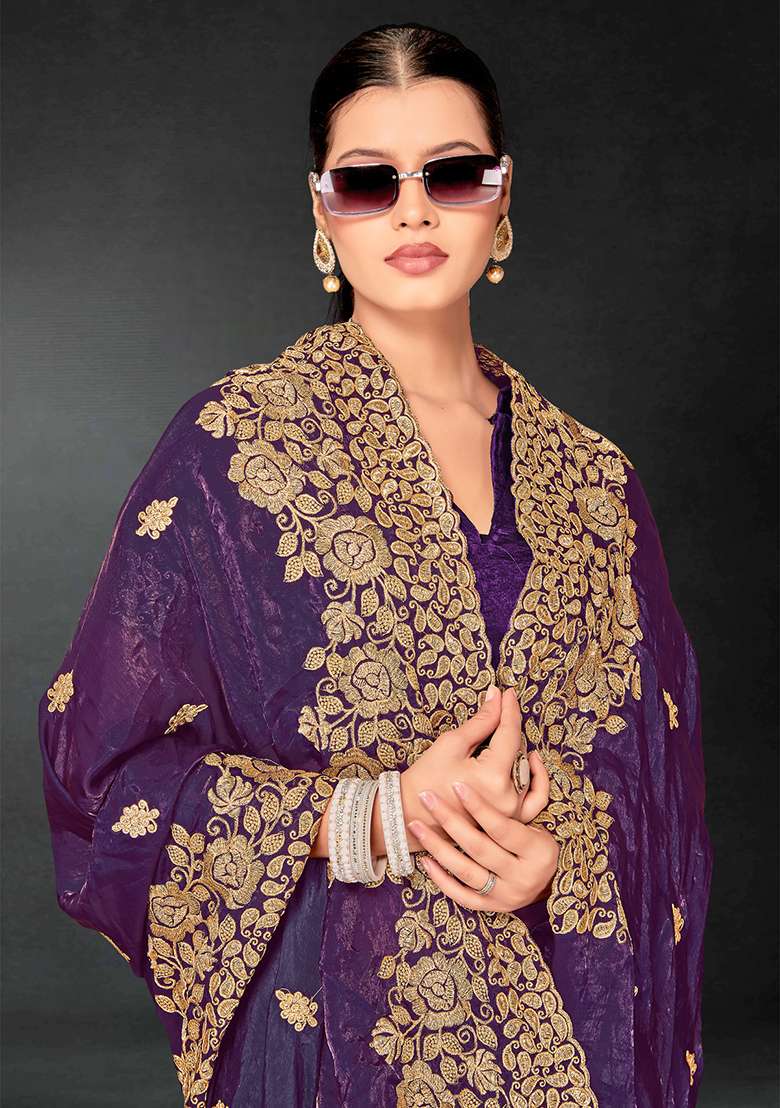 Purple Zari Blend Art Silk Saree Set with Embroidered & Sequin for Diwali | Wedding & Festive Wear - Indya