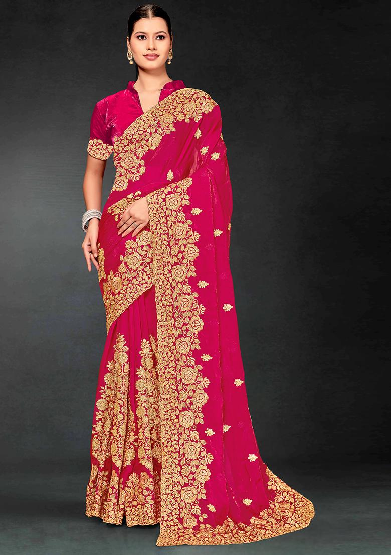 Magenta Zari Embroidered Sequin Art Silk Saree Set