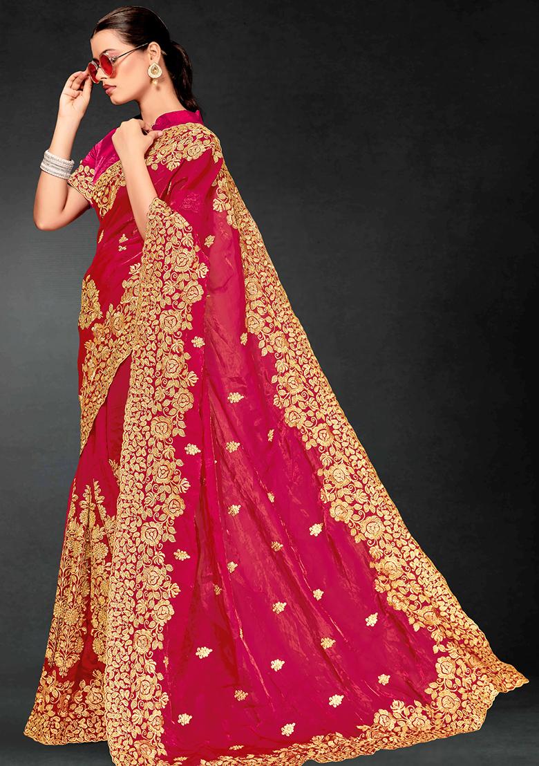 Magenta Zari Embroidered Sequin Art Silk Saree Set