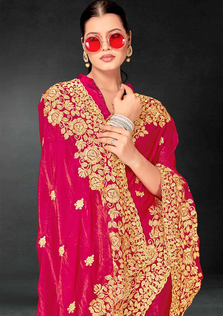 Magenta Zari Embroidered Sequin Art Silk Saree Set - Indya