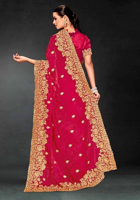 Magenta Zari Embroidered Sequin Art Silk Saree Set