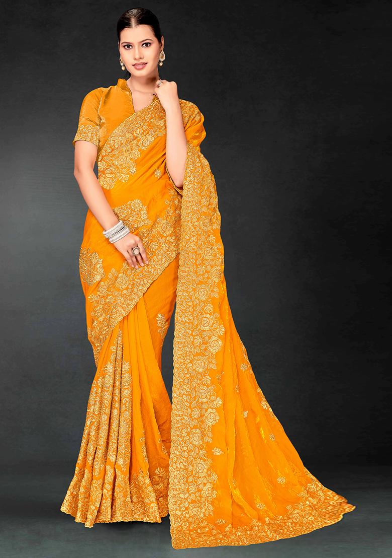 Mustrd Zari Embroidered Sequin Art Silk Saree Set
