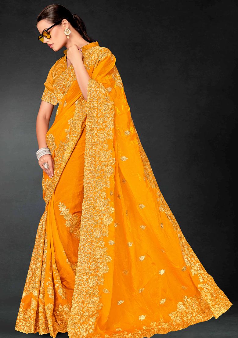 Mustrd Zari Embroidered Sequin Art Silk Saree Set