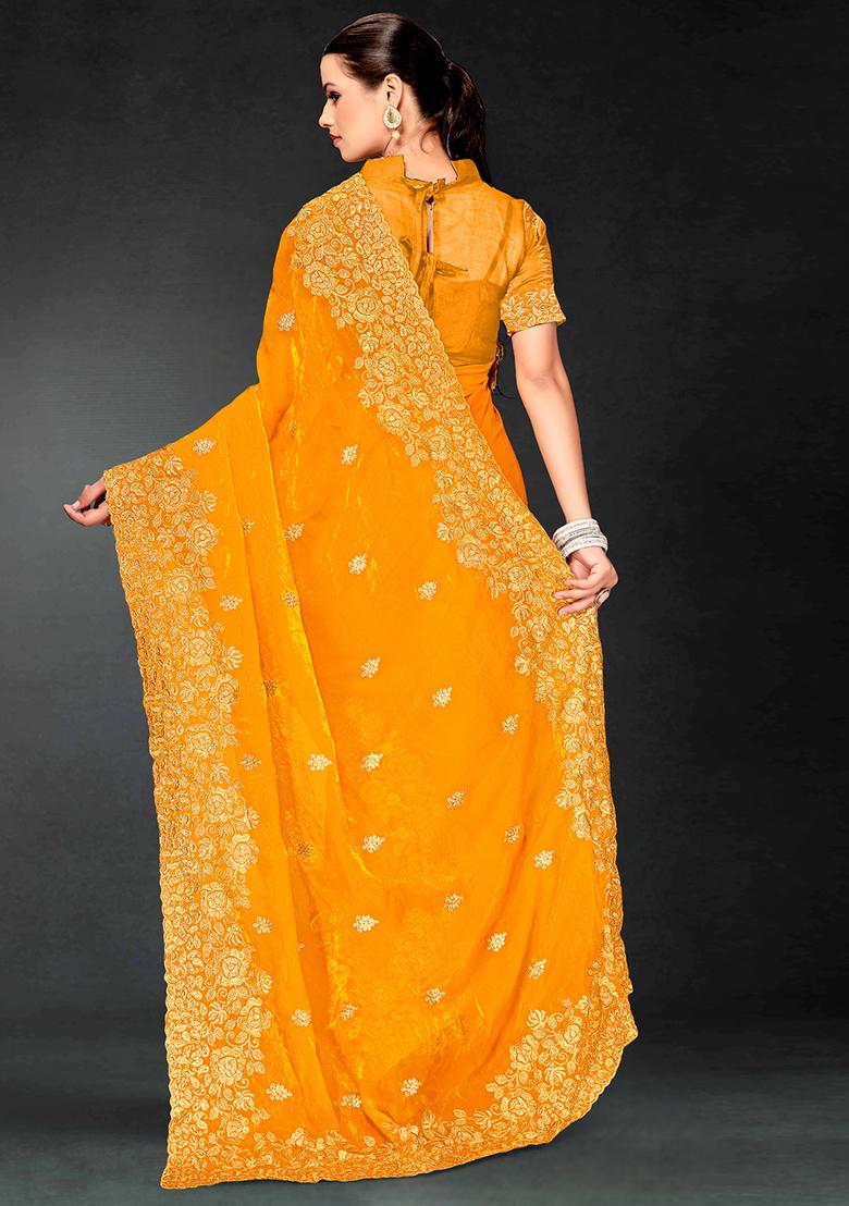 Mustrd Zari Embroidered Sequin Art Silk Saree Set