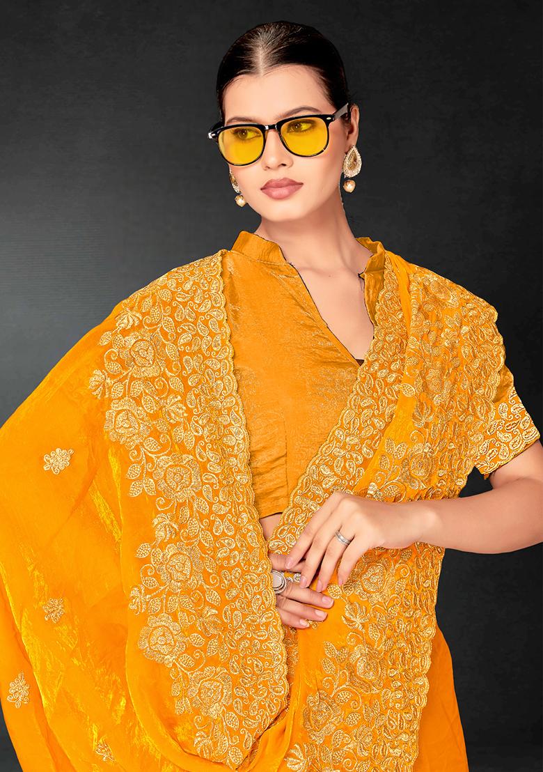 Mustrd Zari Embroidered Sequin Art Silk Saree Set