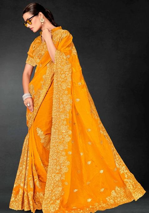 Mustrd Zari Embroidered Sequin Art Silk Saree Set