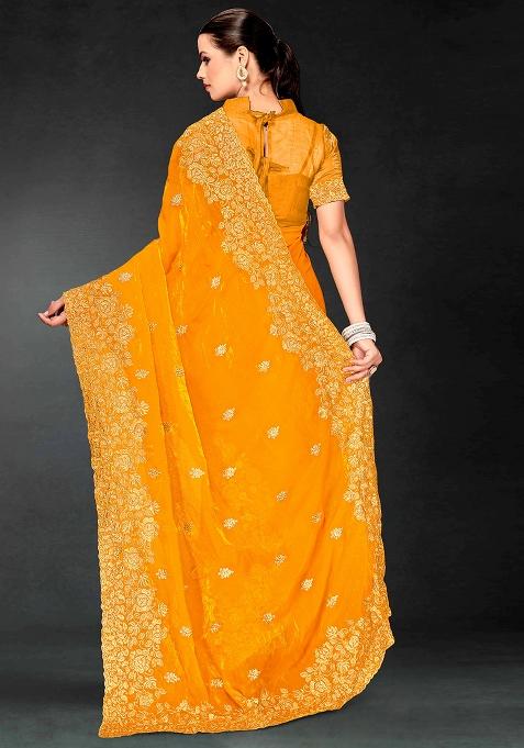 Mustrd Zari Embroidered Sequin Art Silk Saree Set