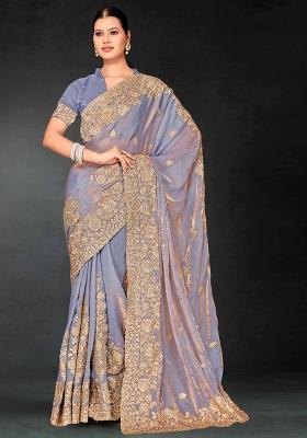 Grey Zari Embroidered Sequin Art Silk Saree Set