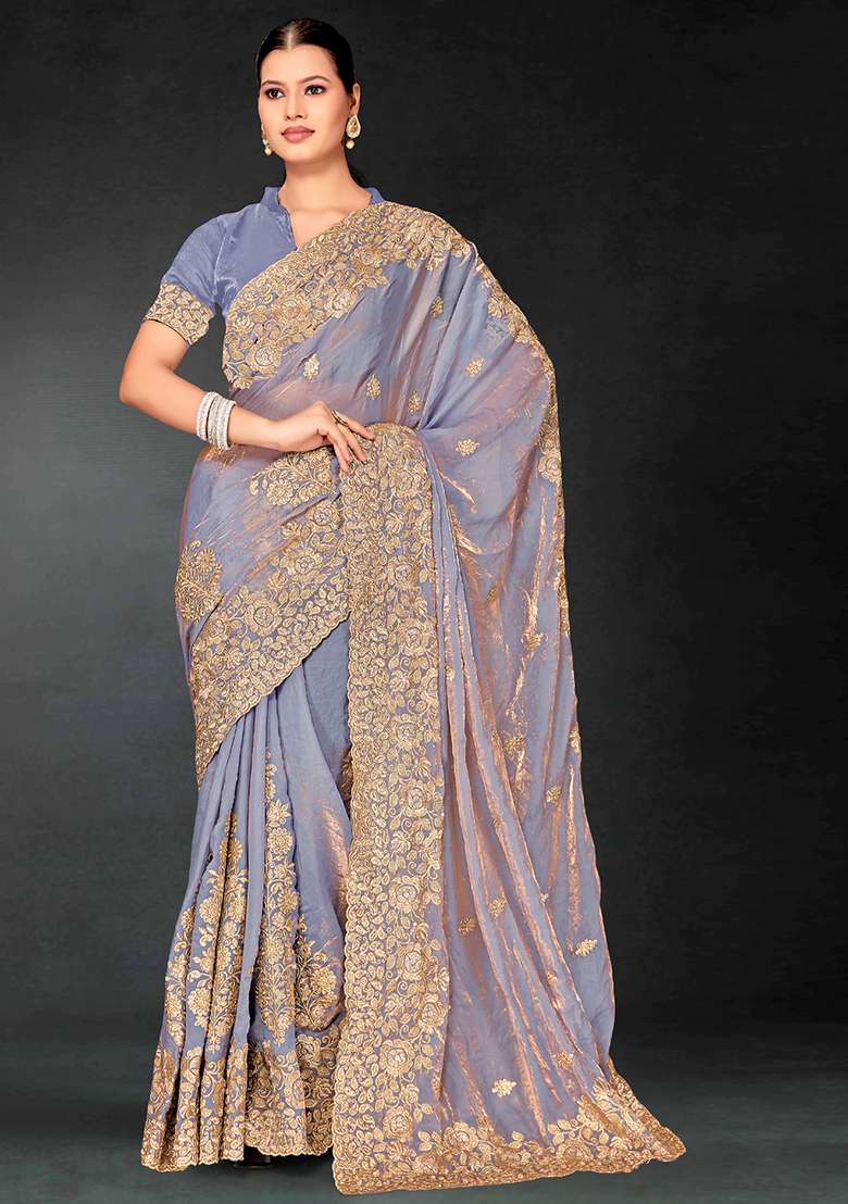 Grey Zari Blend Art Silk Saree Set with Embroidered & Sequin for Diwali | Wedding & Festive Wear - Indya