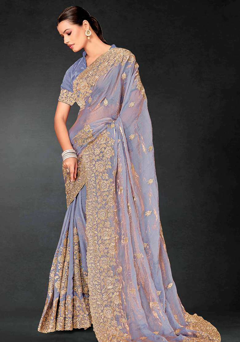 Grey Zari Blend Art Silk Saree Set with Embroidered & Sequin for Diwali | Wedding & Festive Wear - Indya