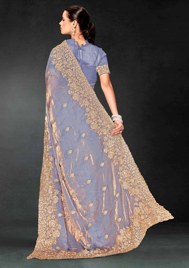 Grey Zari Blend Art Silk Saree Set with Embroidered & Sequin for Diwali | Wedding & Festive Wear - Indya
