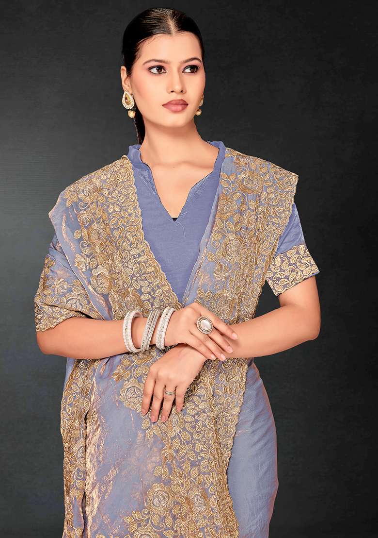 Grey Zari Blend Art Silk Saree Set with Embroidered & Sequin for Diwali | Wedding & Festive Wear - Indya